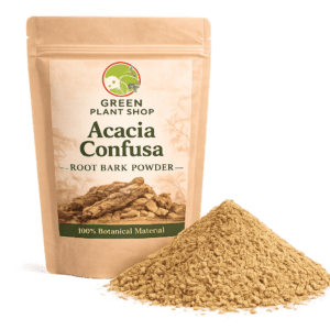 Finely ground Acacia confusa root bark powder in a wooden bowl