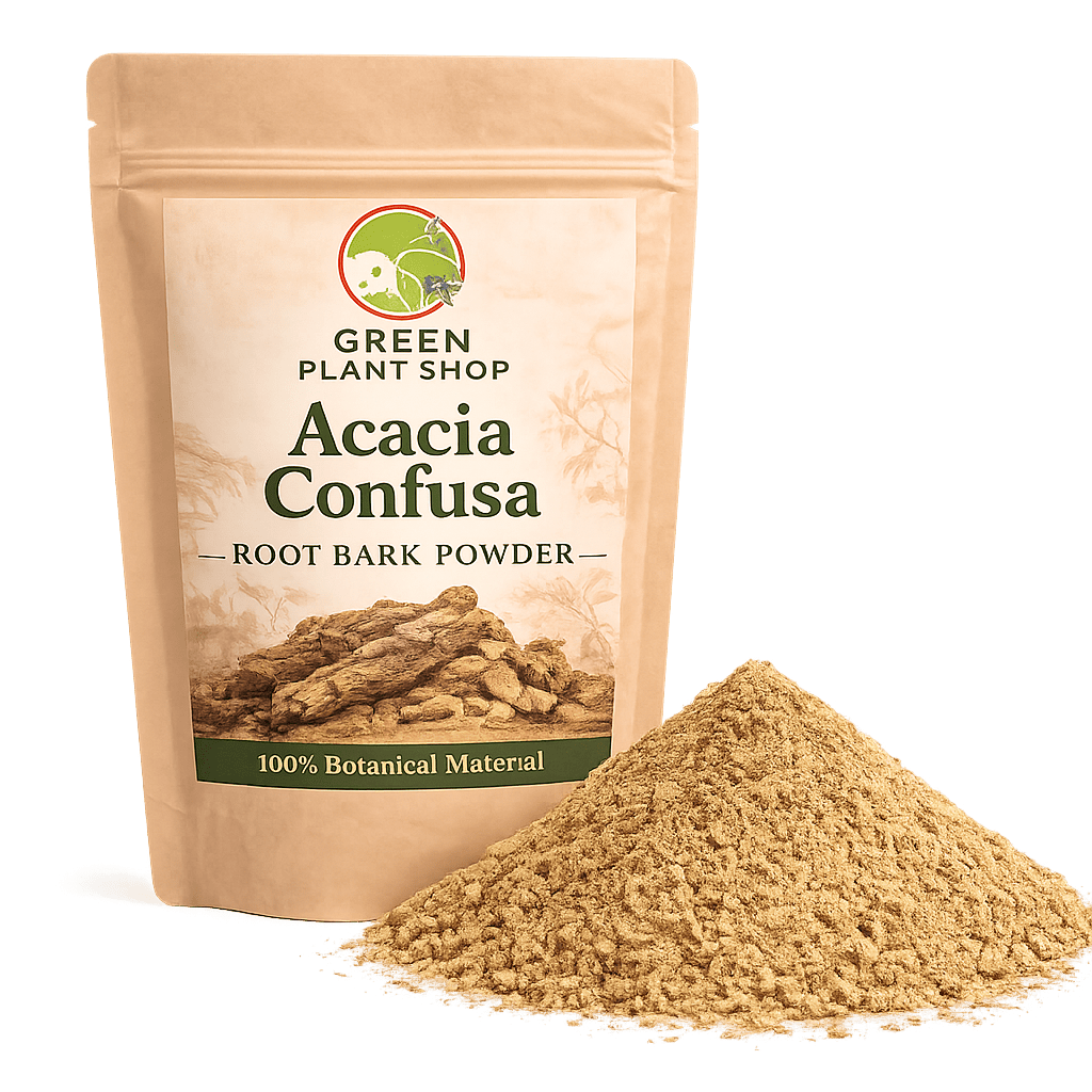 Finely ground Acacia confusa root bark powder in a wooden bowl