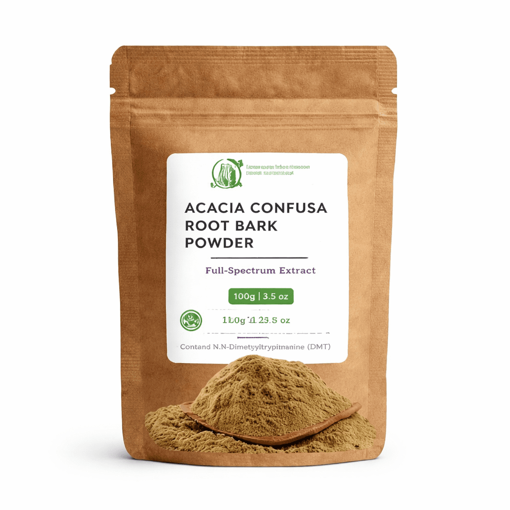 100g package of Acacia confusa root bark powder in resealable kraft pouch